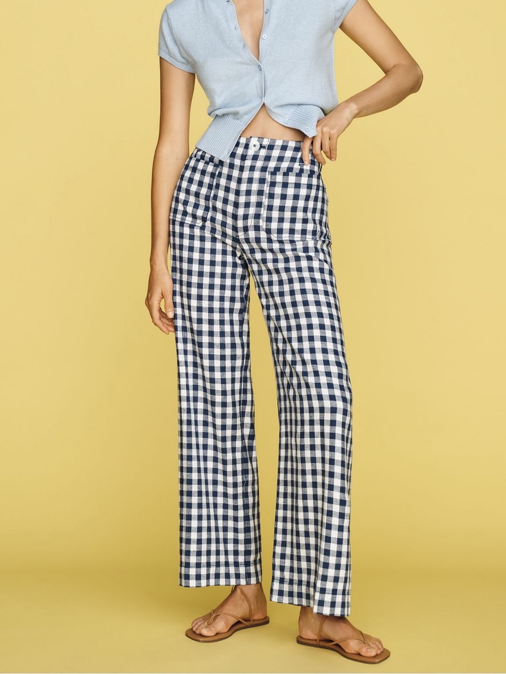 Anthropologie Navy and White Gingham Wide-Leg Pants